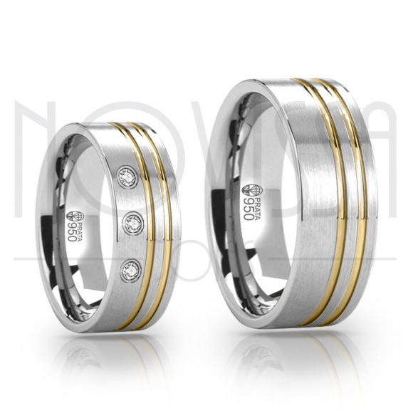 FO5047 - ALIANÇAS DE PRATA 950, MODELO COM/SEM SWAROVSKI, ACABAMENTO FOSCO COM OURO 18K